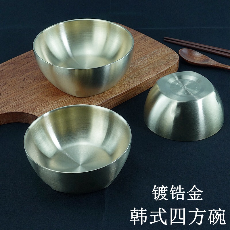 Zirconium plated gold stainless steel bowl 304 food grade rice bowl double insulated Korean style square bottom pickle bowl Japanese style