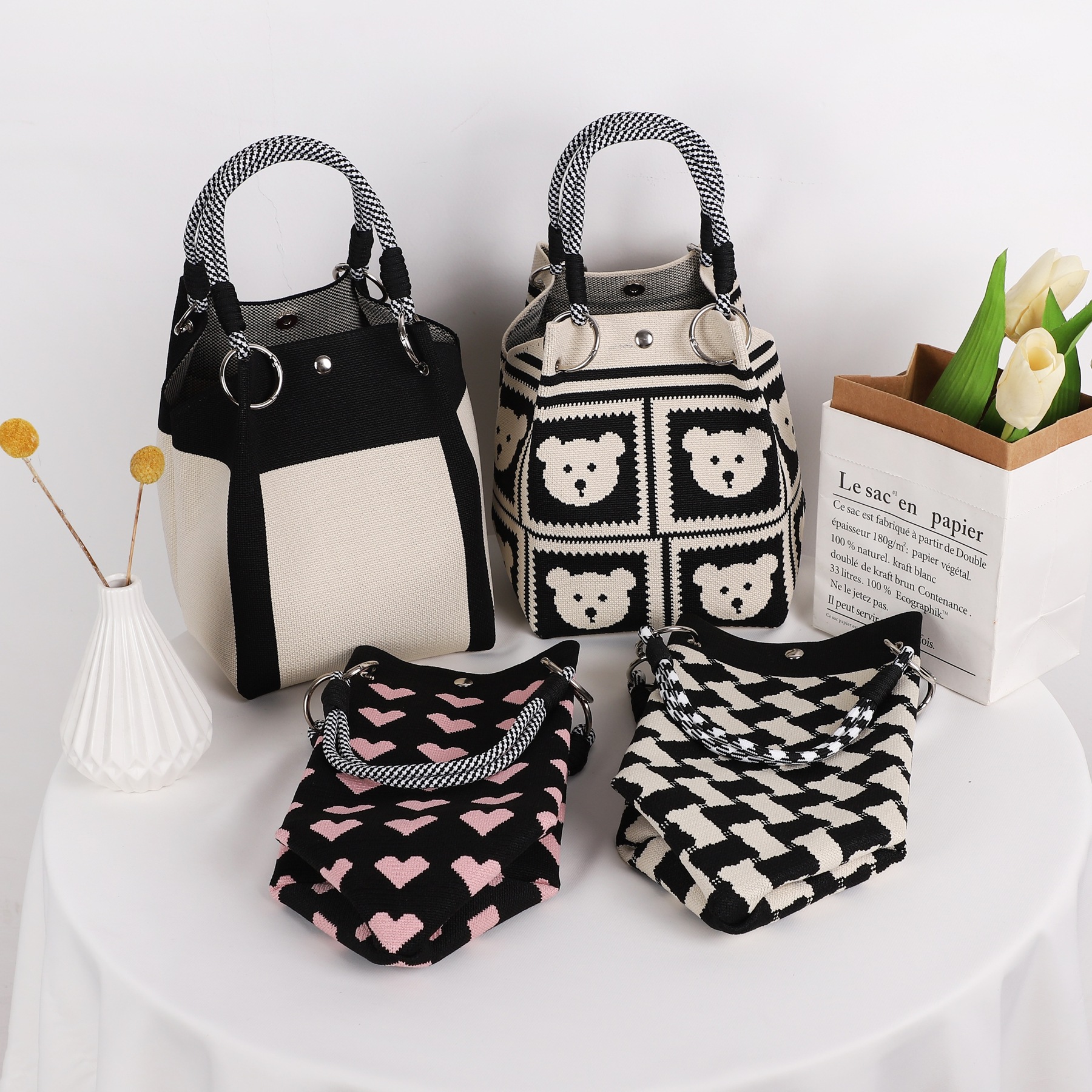 Geometric series: checkered, diamond-patterned, and striped knitted gift bags, tote bags, and hand-held bags