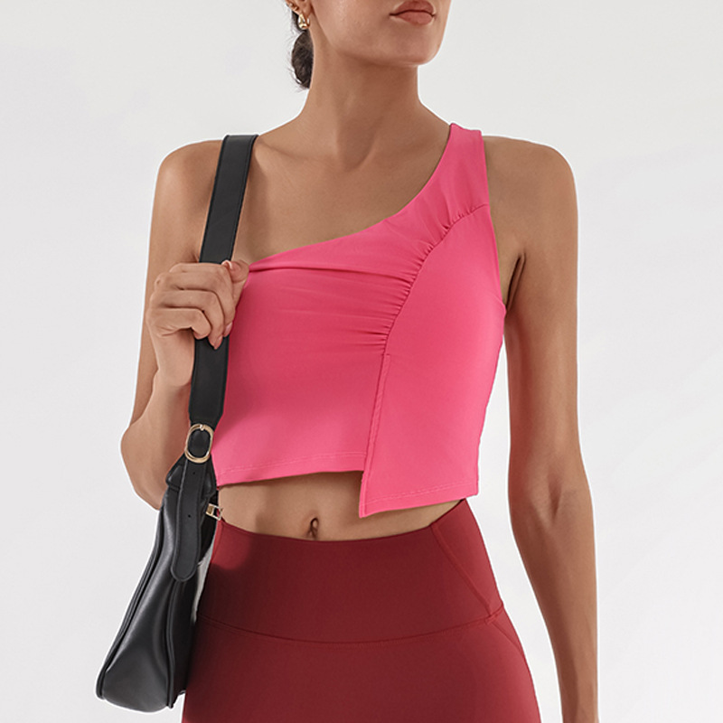 Cross-border deportivo chaleco de acondicionamiento físico mujer irregular hombro plegado con cojín de pecho alta velocidad elástica chaqueta de entrenamiento de yoga seco