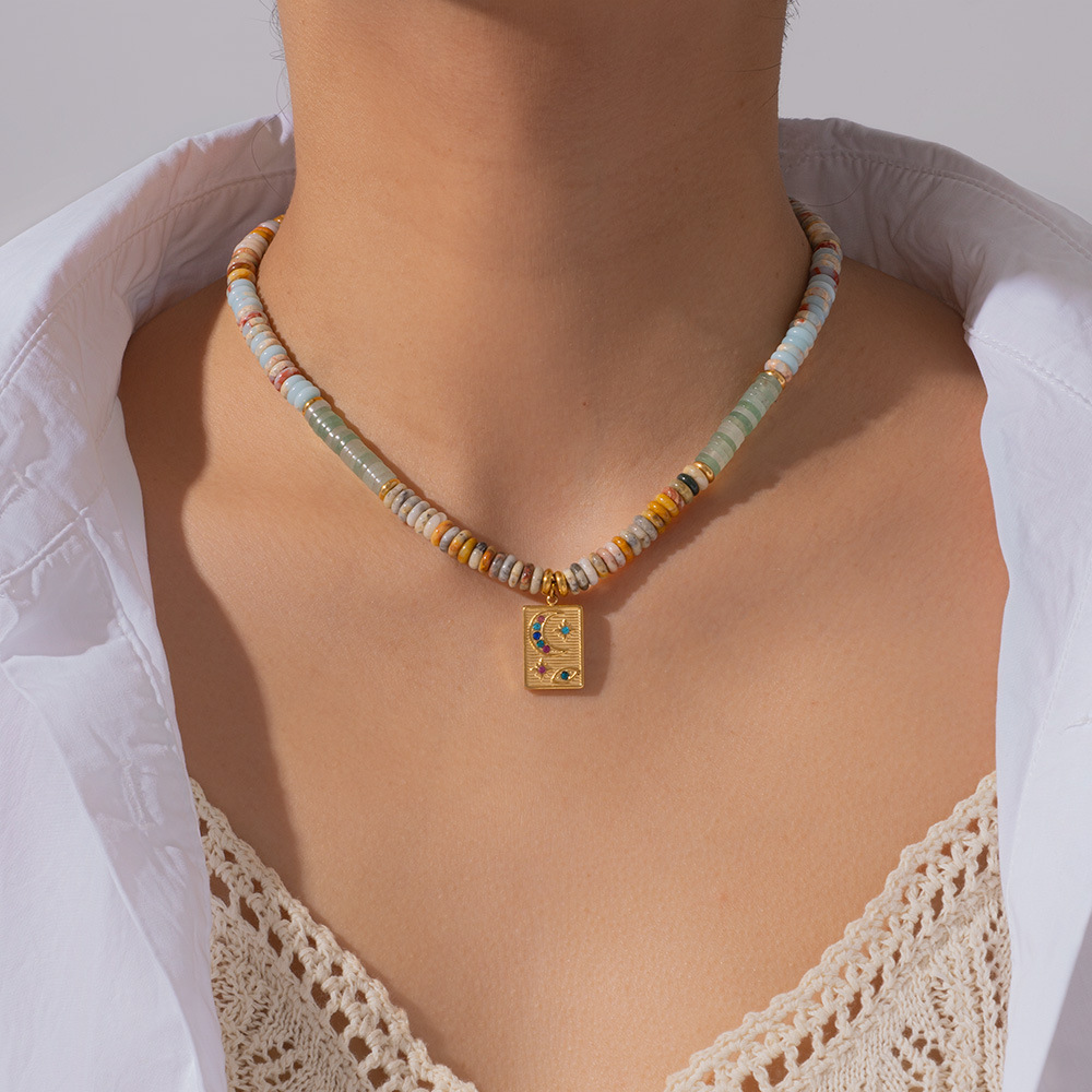 36g Weight Titanium Steel Pendant Material Vacation Classic Style Square Natural Stone Titanium Steel Beaded Chain Necklace In Bulk