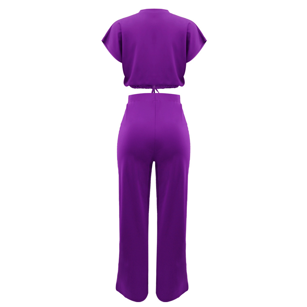 Summer Drawstring Short Top High Waist Slit Women Trousers Two Piece Suit 12 Summer Drawstring Short Top High Waist Slit Women Trousers Two Piece Suit
