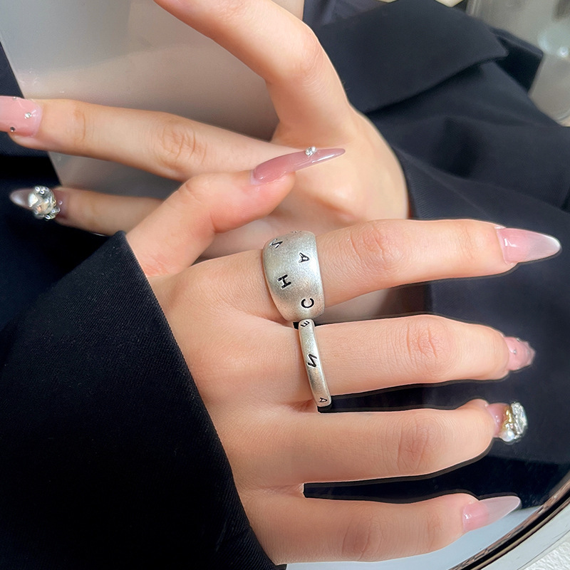 欧美复古银色字母宽窄食指戒指女高端轻奢小众设计高级小香风指环|undefined