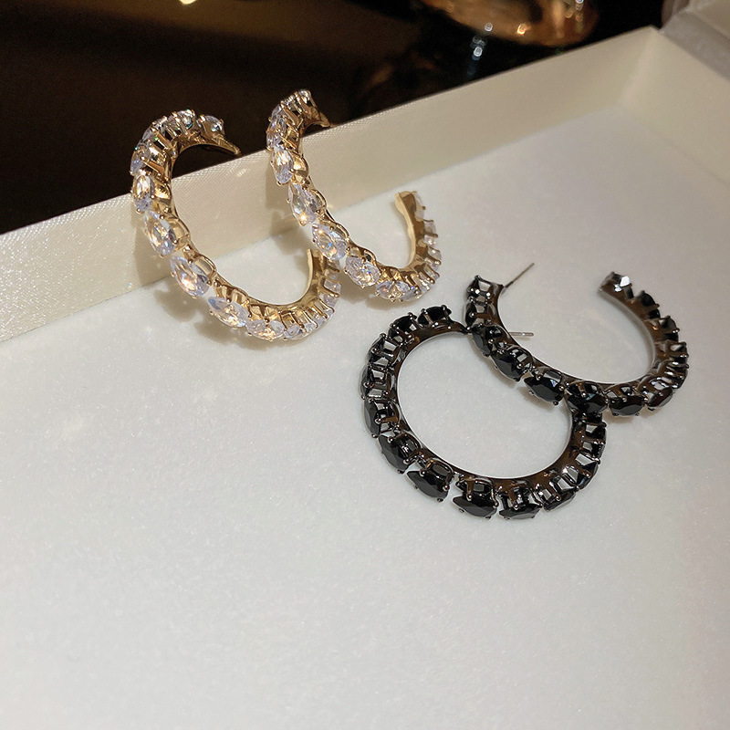 Retro C Shape Copper Inlay Zircon Ear Studs 1 Pair