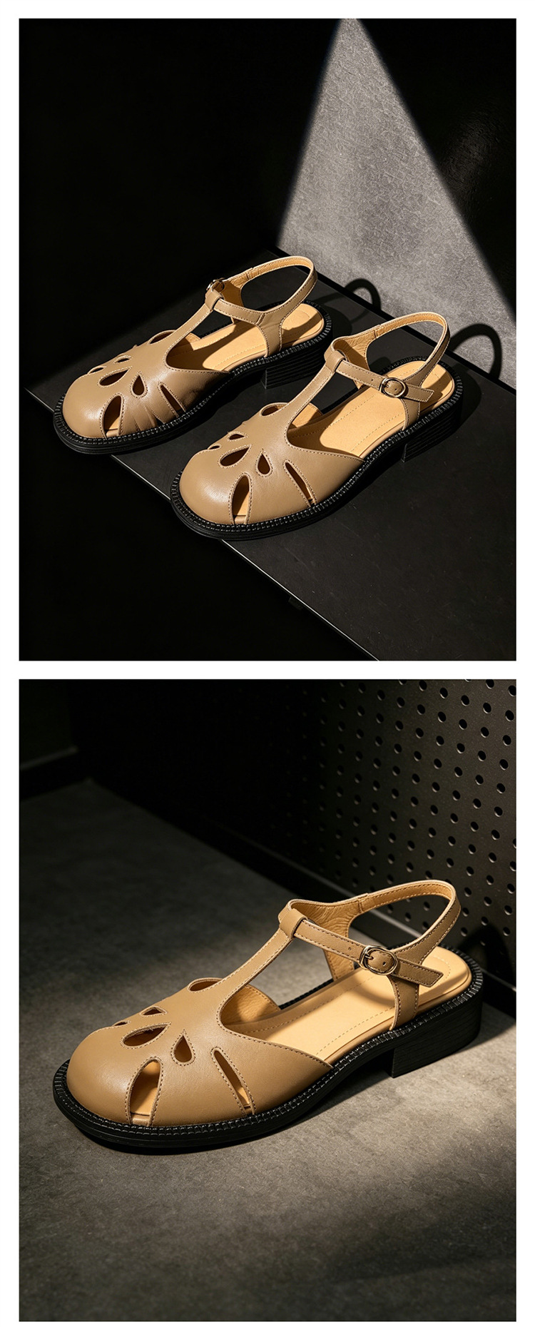 Sandal nữ da bò kiểu La Mã quai chữ T gót thấp — màu nâu chi tiết 9