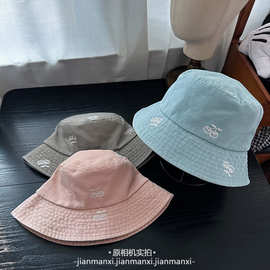 水洗做旧樱桃粉色牛仔渔夫帽女夏季大头围显脸小盆帽遮阳防晒帽