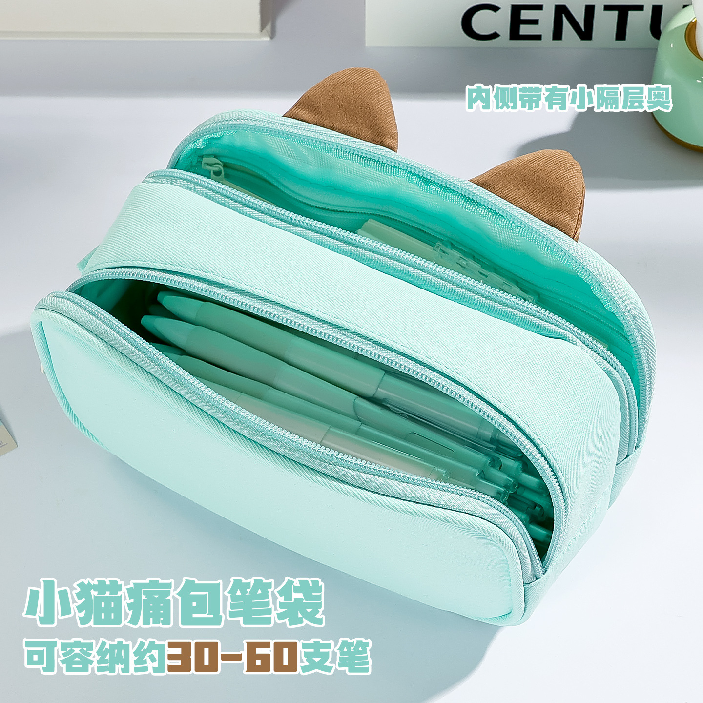 Cute mint three dimensional capacious pencil case for students, kitten 3