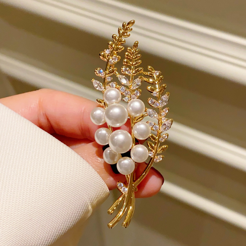 New High-End Alloy Brooch for Women, Luxury Imitation Pearl Corsage Accessories, Simple Wheat Ear Outwear Collar Pin