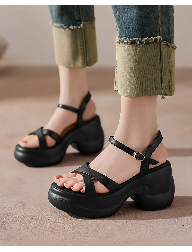 Sandal cao gót nữ hở mũi đế xuồng da bò, quai ngang đi làm — đen chi tiết 2