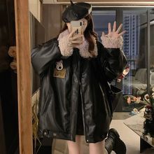 300斤特大码女装美式加厚羊羔绒黑色皮衣外套女胖mm冬季夹棉棉服