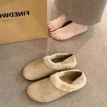 真皮欧货毛毛鞋女冬外穿加绒保暖棉鞋一脚蹬防滑孕妇鞋全包勃肯鞋