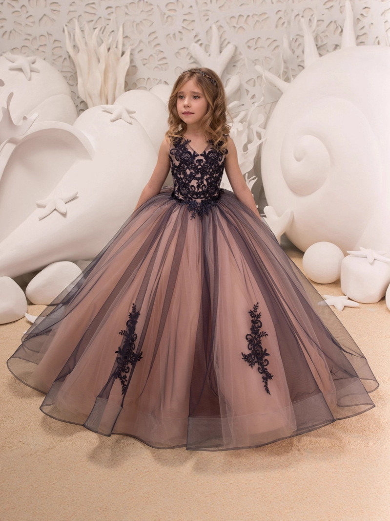 Vestido de niña de las flores de encaje estilo nuevo transfronterizo, vestido de boda largo hasta el suelo, vestido formal para niños, vestido de princesa hinchado para cumpleaños y actuaciones.