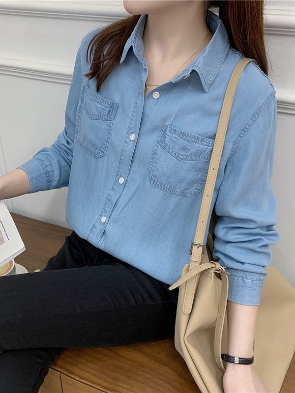 텐셀 데님 셔츠 여성 봄과 여름 새로운 소프트 더링 느슨한 캐주얼 셔츠 한국 스타일 외부 탑