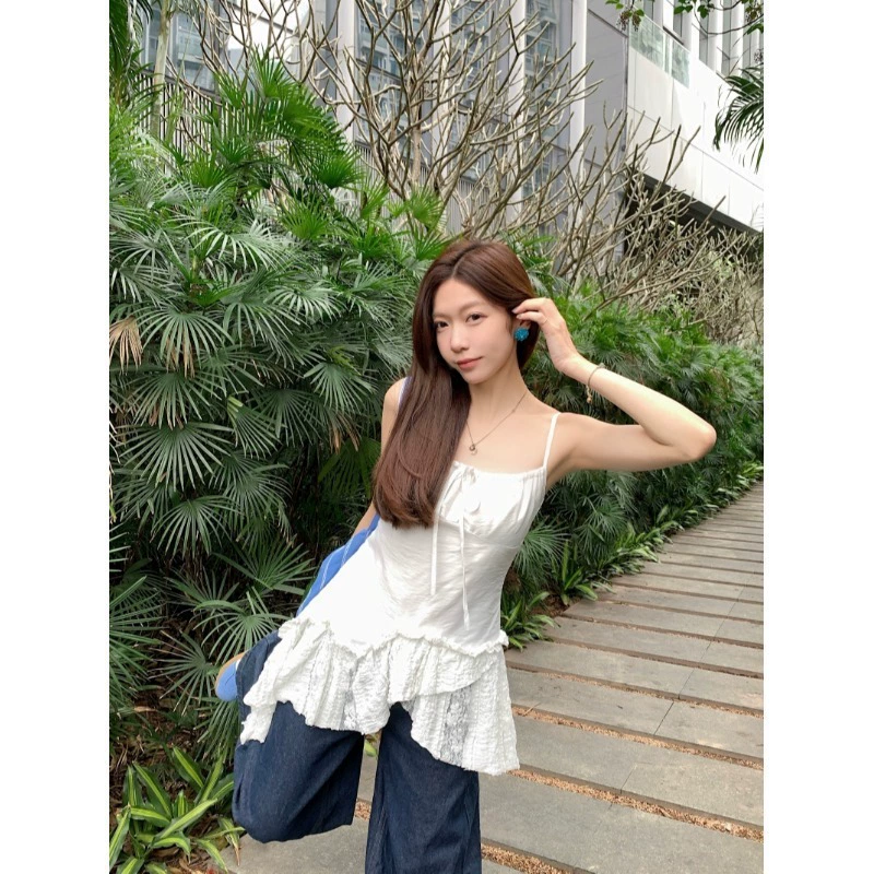 Женский топ-камзол с кружевными вставками, летний 2025, сладкий стиль, асимметричный, стройнящий, универсальный