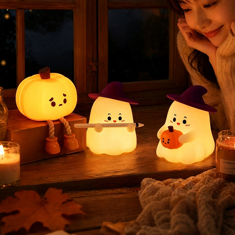 Cross-border Halloween decorations, Halloween-themed ambient night lights, creative decorations, cute ghost and pumpkin silicone tap lights