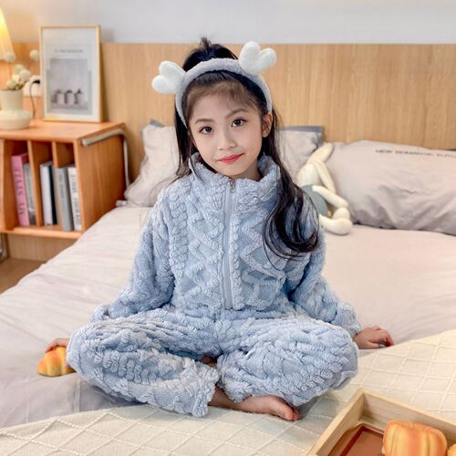 Autumn/Winter Kids Thicker French Terry Pajamas for Girls, Baby Korean Style Homecoming Clothes, Coral Fleece