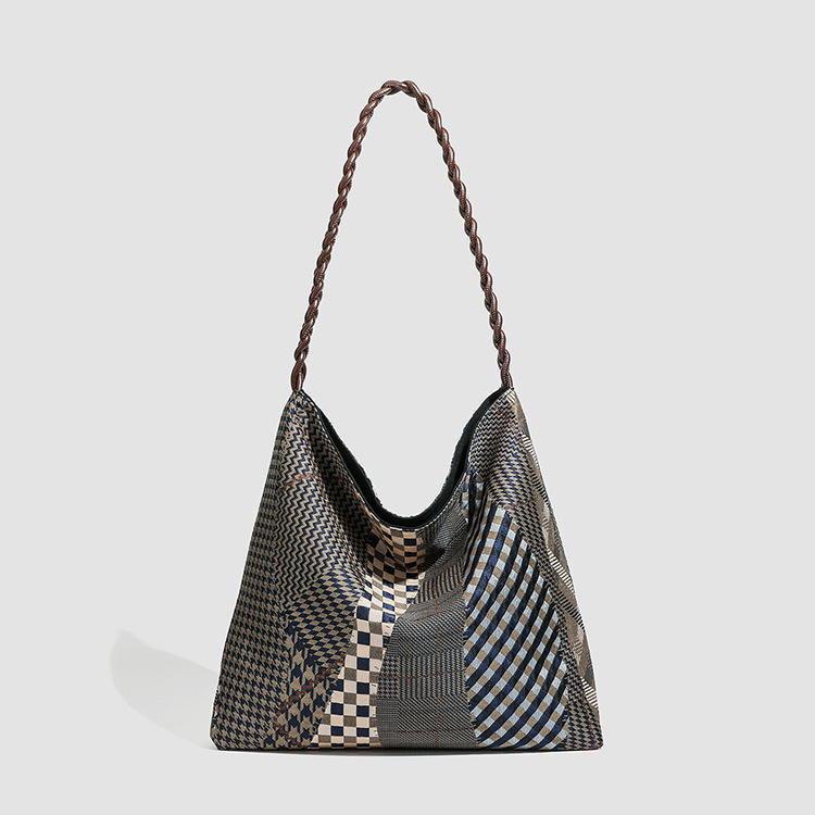 New Retro Geometric Splicing Plaid Large-Capacity Armpit Shoulder Bag Spring and Summer Versatile Tote Bag Simple and Artistic