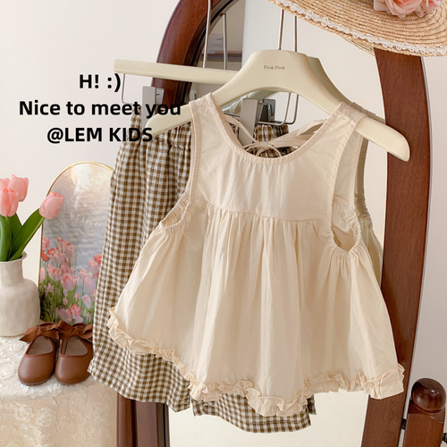 Korean Children's Summer  New Girls' Stylish Lace Camisole Dress Top and 8-Piece Grid Pants Two-Piece Set