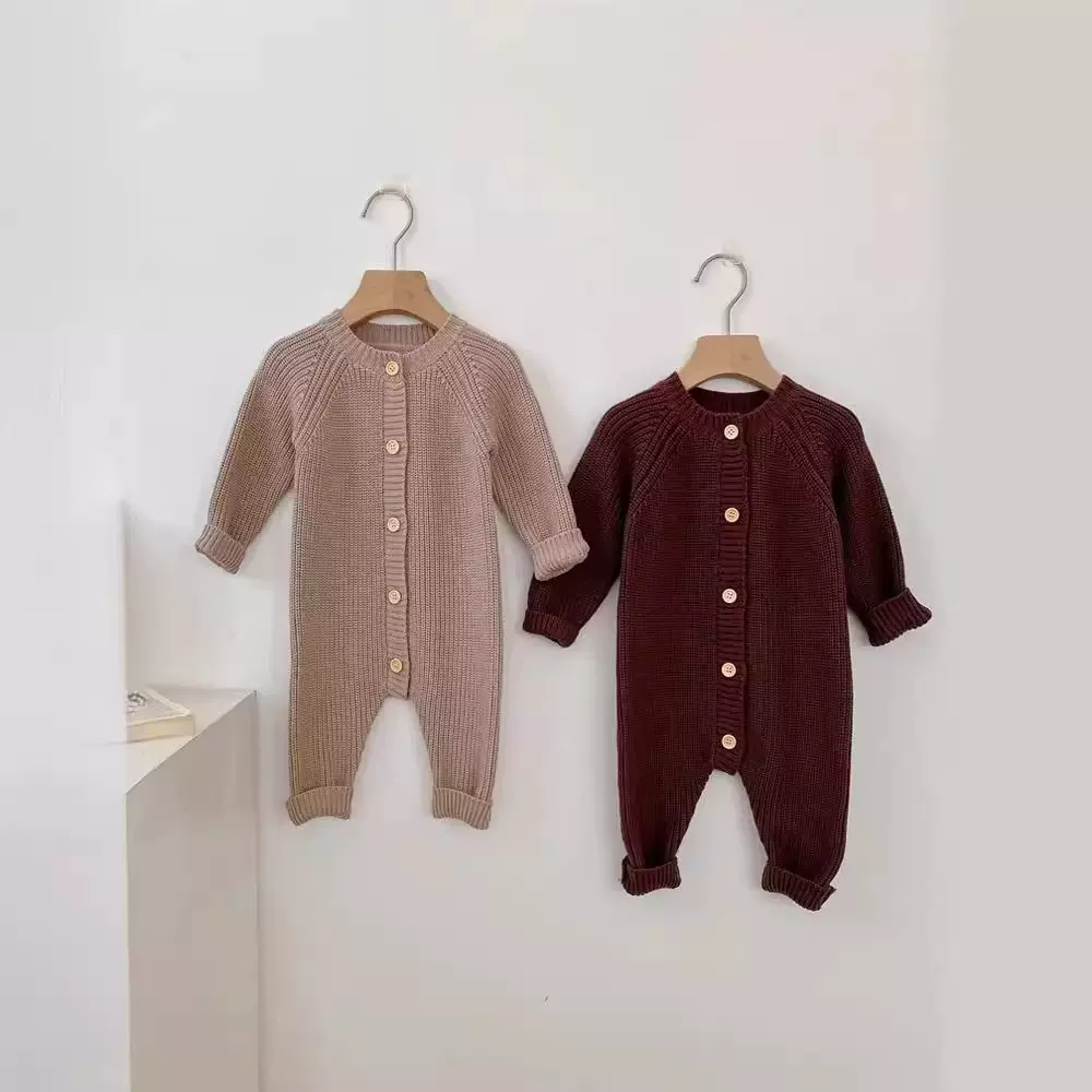 婴童宝宝纯棉针织连体衣毛衣男女宝宝纯色毛线哈衣爬服长袖