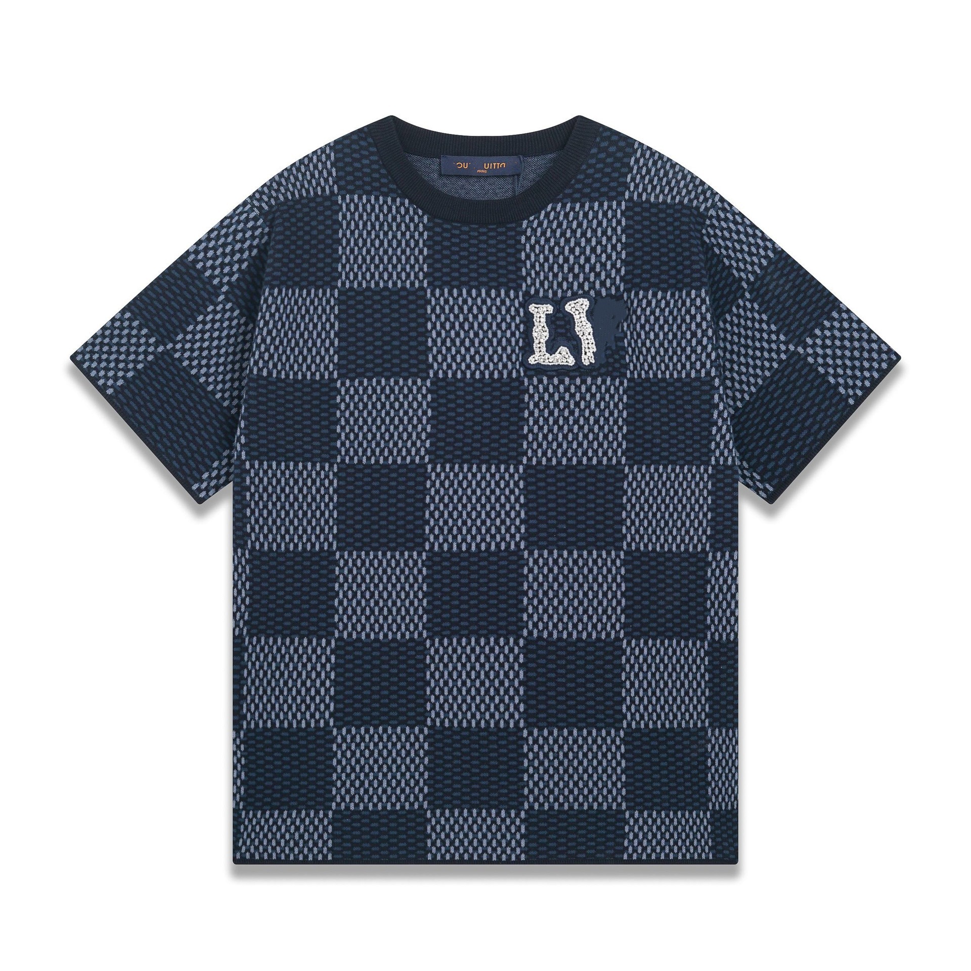 T-shirt de punto de alta versión de burro 2025 nuevo tablero de ajedrez letras jacquard casual suelta hombre y mujer mangas cortas