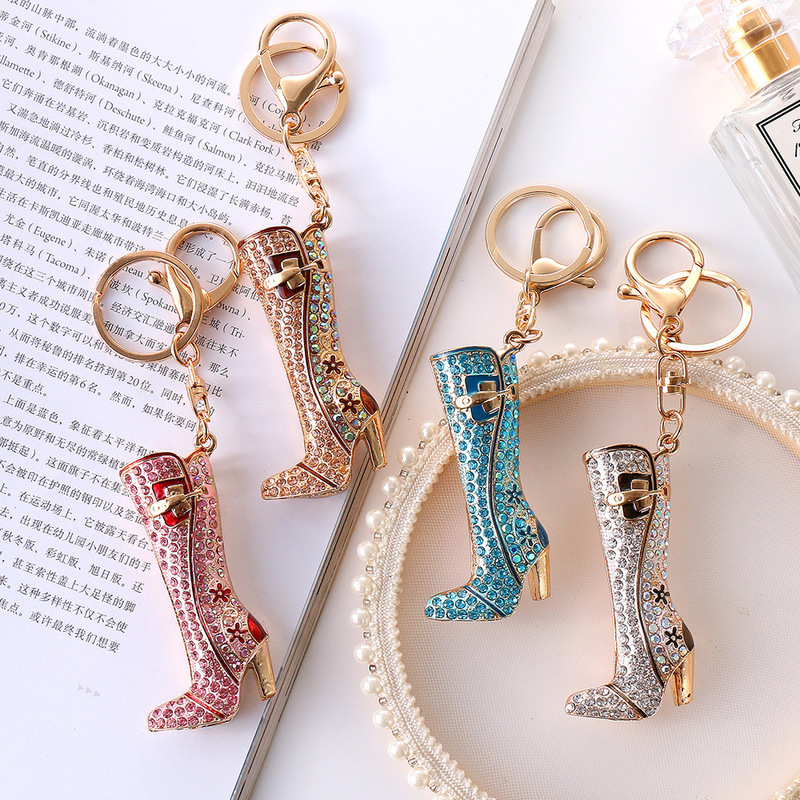 Cross-border creative Denim boots key chain high heels metal key chain bag pendant diamond small gift