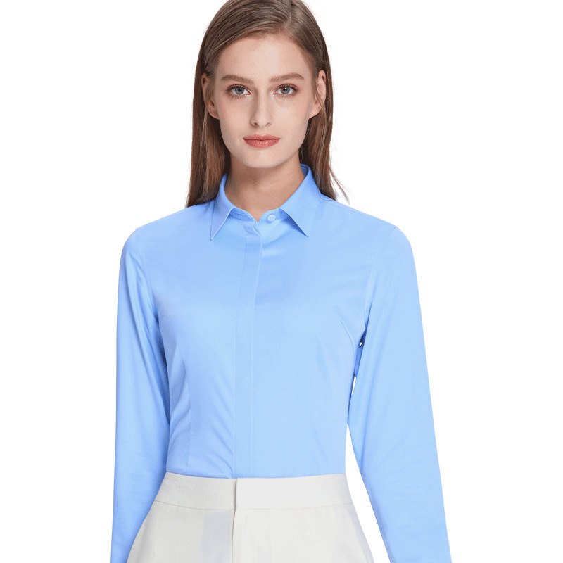 80S竹纤维女式衬衫 纯白色蓝色弹力修身免烫职业女装长袖衬衣团购