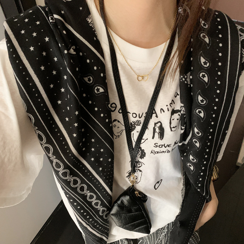 复古黑色印花屁帘丝巾女韩系慵懒风薄款披肩小众系脖围巾配饰腰带|undefined