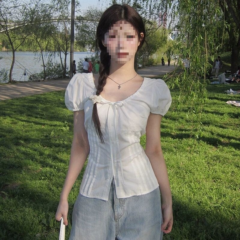 Puff-Sleeved Shirt for Women, Korean Style, Sweet Summer Style, European-Style Waist-Cinching, Short-Sleeved Shirt, Slim Fit Puff-Sleeved Shirt for Women, Korean Style, Sweet Summer Style, European-Style Waist-Cinching, Short-Sleeved Shirt, Slim Fit