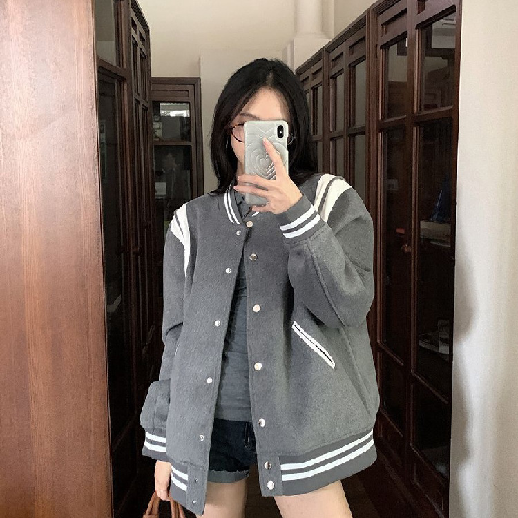 春百搭外套女款灰色复古学院风设计感拼接棒球服小众秋保暖开衫|undefined