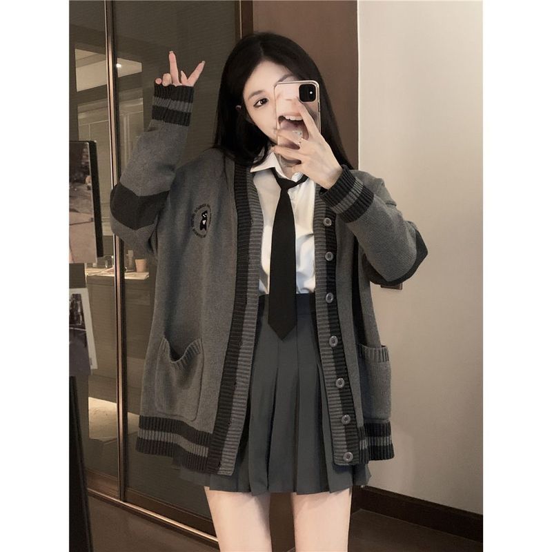 三件套装秋冬季jk制服全套韩系学院风针织开衫毛衣女领带衬衫短裙|undefined