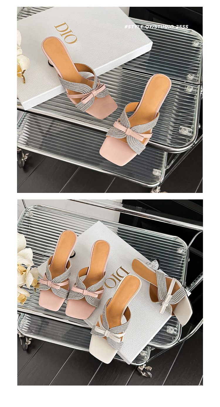 Sandal cao gót nữ hở mũi đính đá pha lê, quai ngang nơ bướm, gót 9 cm — màu hồng, màu trắng ngà chi tiết 15