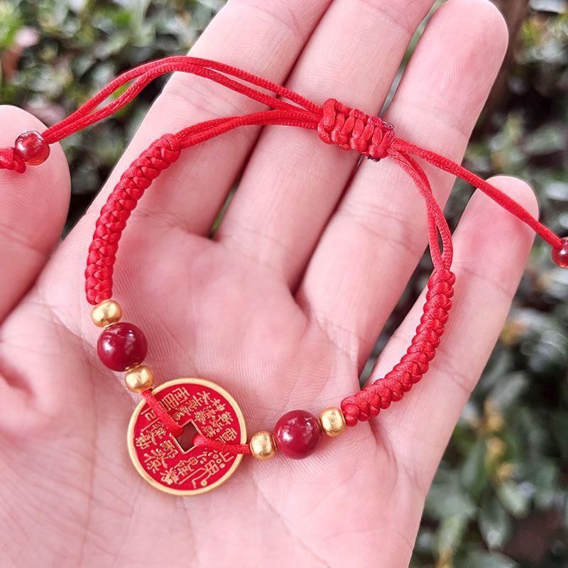 Mountain Spirit Coin Red String Bracelet Adjustable Handmade Red String for the Year of the Zodiac Unisex