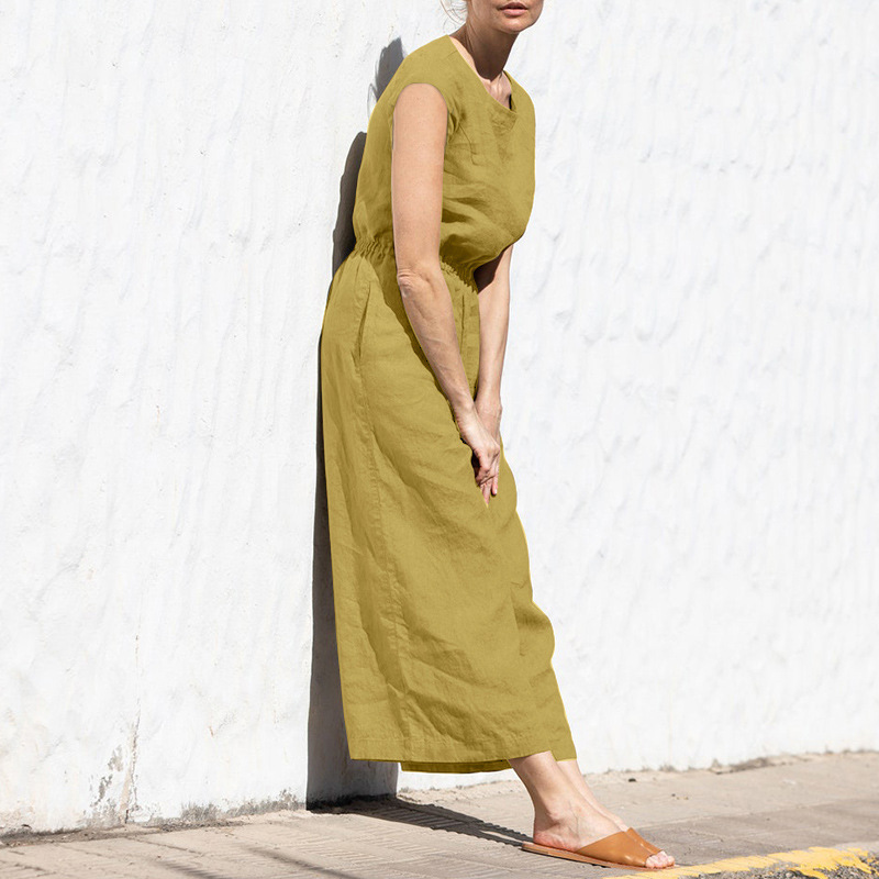Cotton And Linen Jumpsuit Women Solid Color Sleeveless Pocket High Waist Wide Legs Jumpsuits Casual Commuting Ladies Bodysuits_voghion.com