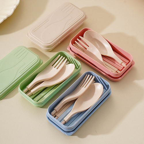 Stainless steel fork spoon chopsticks tableware set, wheat portable student outdoor knife fork spoon mealware set with storage