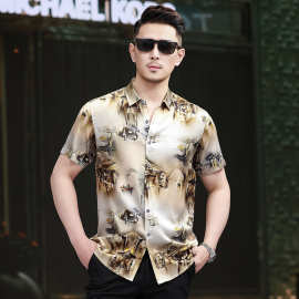 江南丝绸重磅真丝花衬衫男式短袖夏季高级感衬衣高端桑蚕丝上衣薄