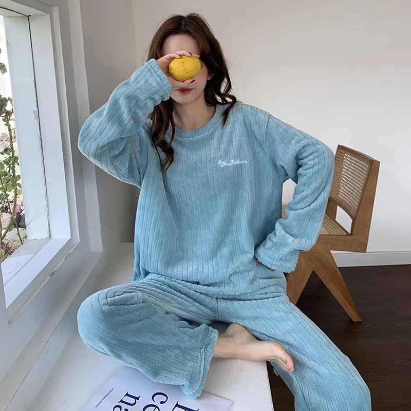 630g Weight Long Sleeve Sleeve Length Pajamas Lingerie Type Pullovers Placket Type Polyester Fabric Type Long Top Length Pants Sets Sets Type 2 Pieces Set Quantity Home Occasion Round Neck Neckline Warm Function Loose Fit Type Stripe, Solid Color Pattern Winter, Autumn Season Women's Gender Casual, Simple Style Style Autumn And Winter New Crescent City Warm Suit Casual Homewear Internet Celebrity Coral Fleece Thick Thermal Pajamas 8