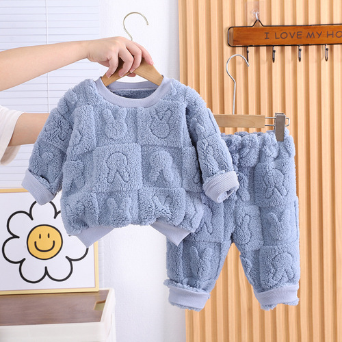 Boys and girls winter home clothes set  new baby outer wear plus velvet and thickened children's winter pajamas set