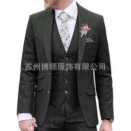 男士西装修身复古人字形粗花呢正式商务婚礼宴会套装服西装