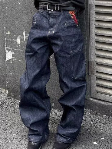 美式复古赤耳原牛刺绣花卉牛仔裤男女cleanfit设计感直筒宽松长裤