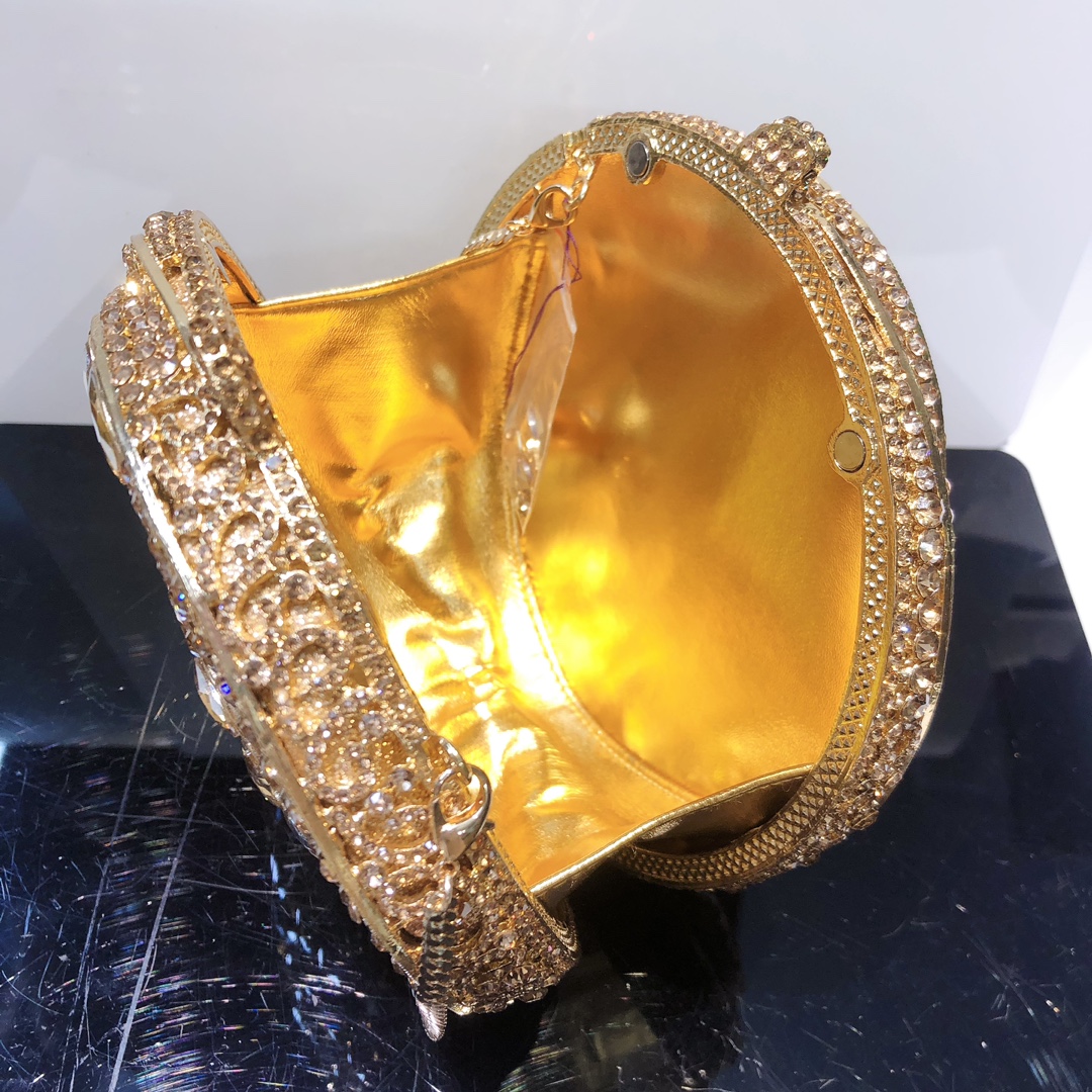 Túi clutch dạ tiệc đính pha lê kim cương kim loại rỗng phong cách Âu Mỹ — Ốc vàng, Kim cương trắng trên nền vàng (tùy chỉnh), Vàng xanh lá cây xanh lam (tùy chỉnh), Màu Sâm Panh (tùy chỉnh)