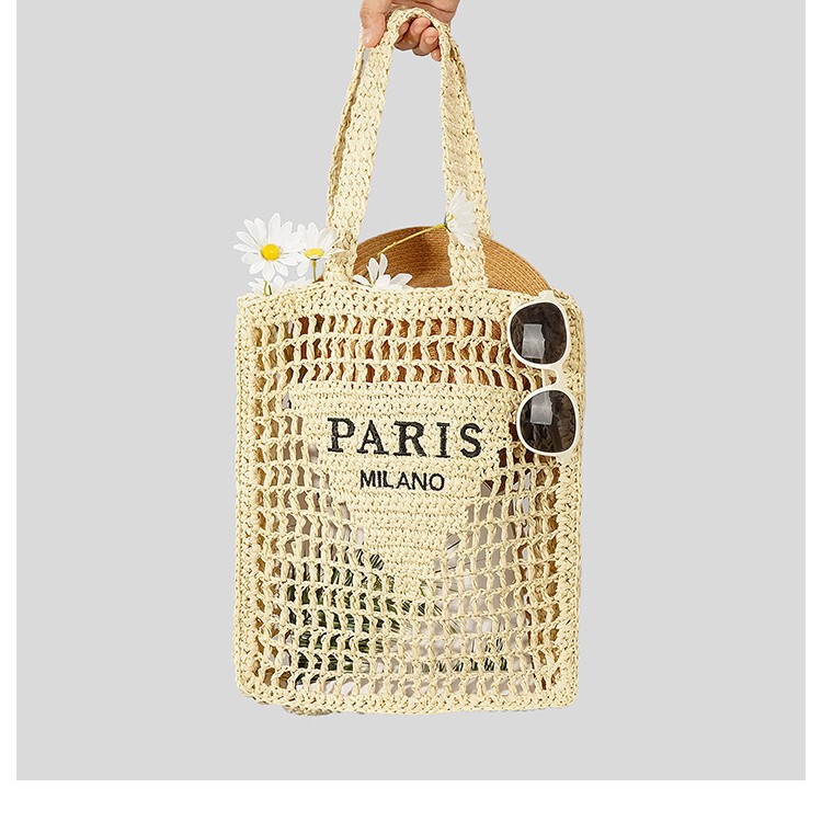 Cross-Border Hot-Selling Hand-Woven Handbag Hollow Embroidered Letters Fashion Straw Bag Hand-Woven Shoulder Straw Bag
