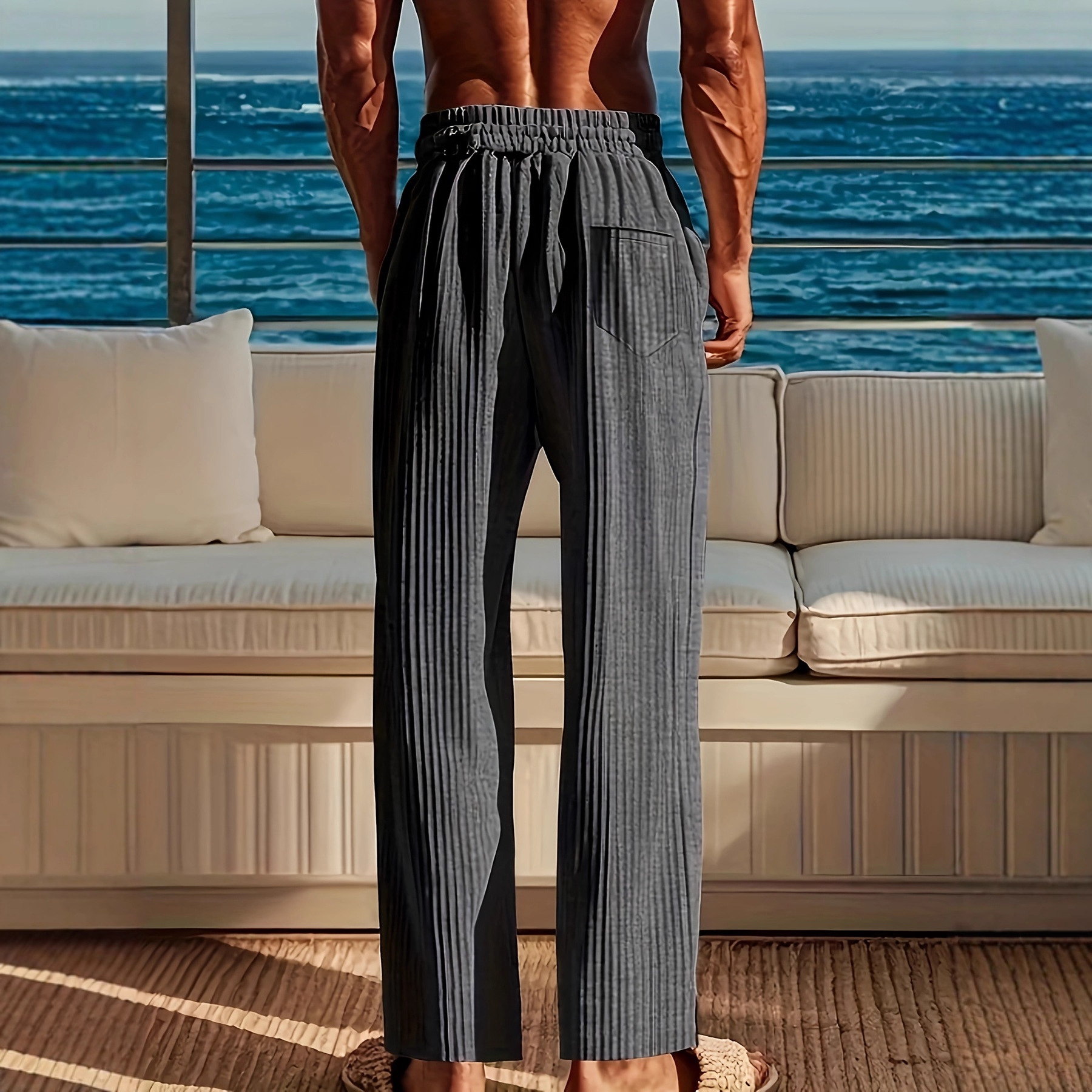 Men's Casual Straight Leg Pants With Elastic Waist - Street Style Comfort Stretch Pure Color Trousers For Daily Wear_viptrois.com