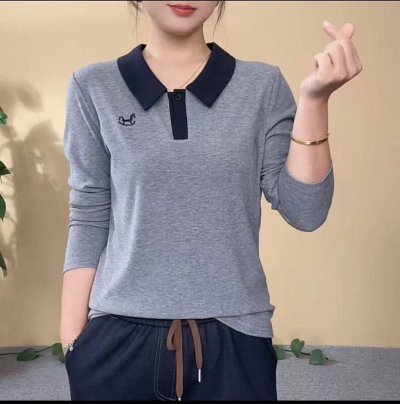 减龄女士翻领长袖t恤女秋2025新款打底衫POLO衫宽松洋气减龄上衣|undefined