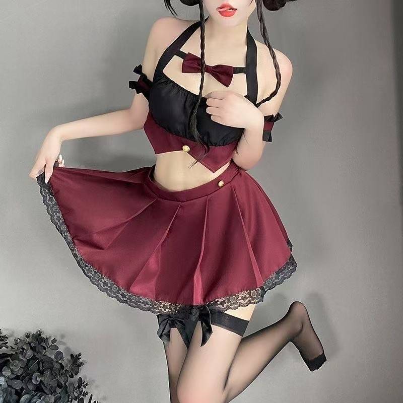 Halter Neck JK Uniform Lingerie Set with Pleated Skirt, Stockings and Ear Accessory — detail image 3