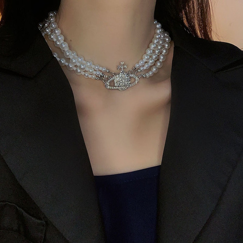Korean version of the Queen Mother of the West cross-border diamond-encrusted pearl bracelet + necklace multi-layered planet neck clavicle chain for women