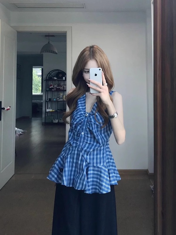 韓国スタイルのホルターネック V ネックノースリーブキャミソール女性の夏の新しいウエストデザイン気質チェック柄シャツトップ|undefined