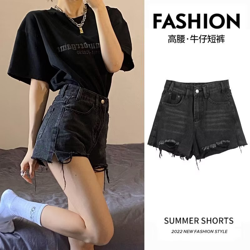 Smoke Gray Denim Shorts for Women, Summer Korean Style, Loose Fit, Versatile, Trendy, High-Waisted, Slimming A-Line, Petite Wide-Leg Pants