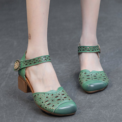 涼鞋女2023春夏季中空鞋復古沖孔鏤空鞋頭層牛皮中跟鞋魔術貼搭扣