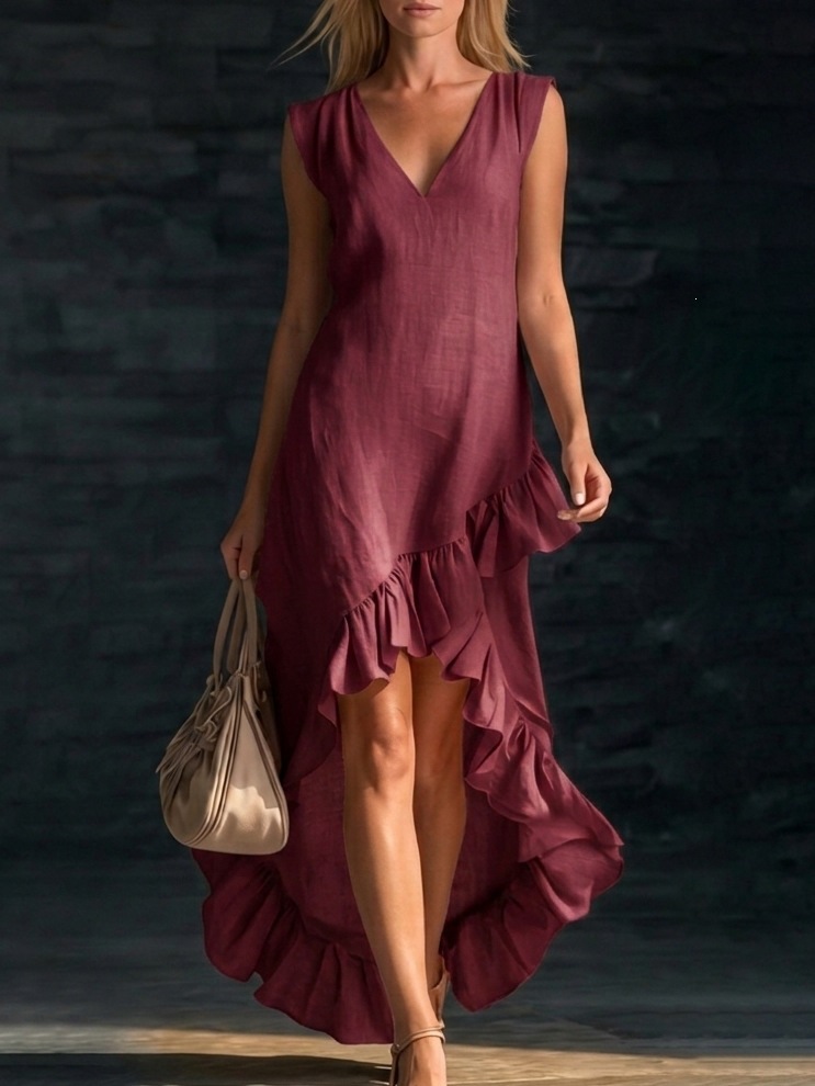 Fashionable Romantic Sleeveless V Neck Ruffled Hem Cotton Linen Long Dress For Women New_ecoleips.com