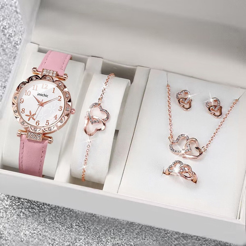 New Women's Casual Luxury-Style Diamond-Embedded Star Pattern Dial Quartz Watch with Leather Strap and Beaded Bracelet Set