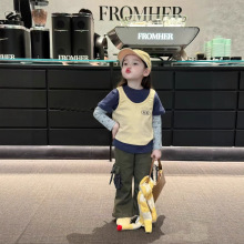 女童秋装套装2025新款儿童洋气时髦假两件长袖上衣宝宝炸街喇叭裤